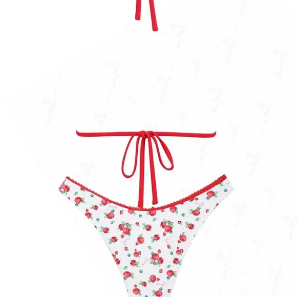 White Floral Bikini Set with Red Trim - Women's Swim NWT - Picture 2 of 6